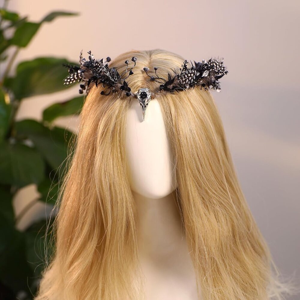 Black Feather Elf Crown Gothic Fairy Tiara for Women Girls Mardi Gras Cosplay - Picture 4 of 9